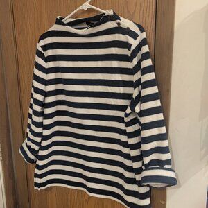Talbots Funnel Neck Button Detail Navy/ White Striped Pullover Fleece Top-XL